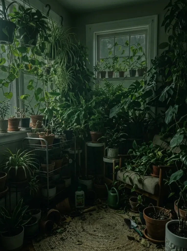 Dark living room corner completely choked by dozens of large overgrown potted plants blocking the window light