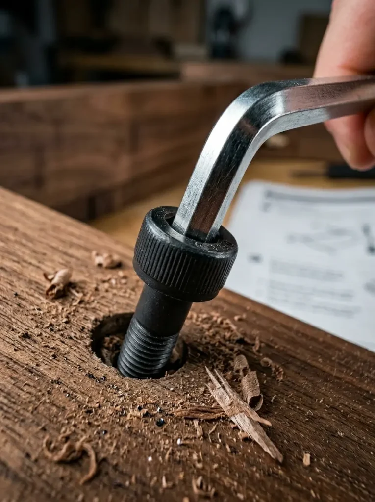 A silver hex key tightens a black metal bolt into a piece of solid wood.