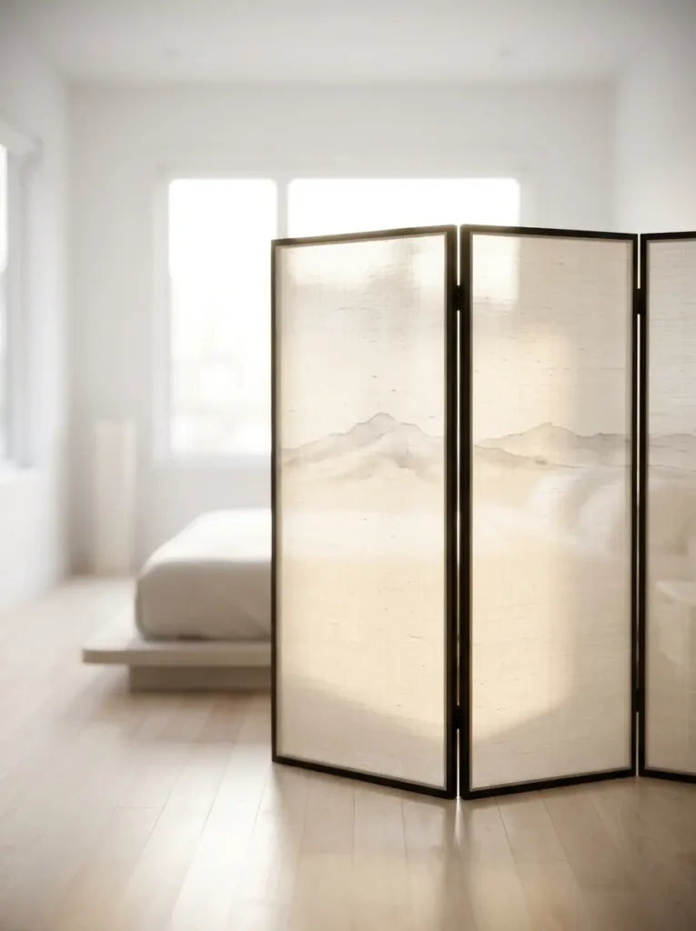 Translucent Painted Room Divider Three panel folding screen made of pale translucent fabric with faint ink mountain drawings