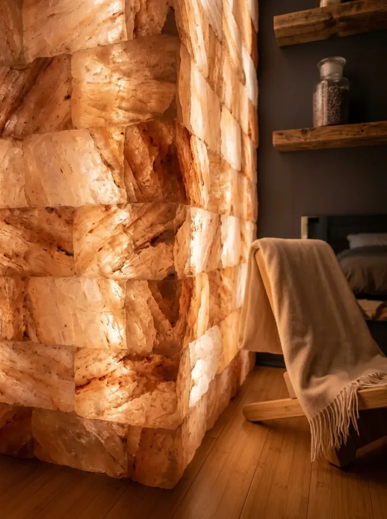 Glowing Himalayan salt brick wall used as therapeutic lighting for dark apartments.