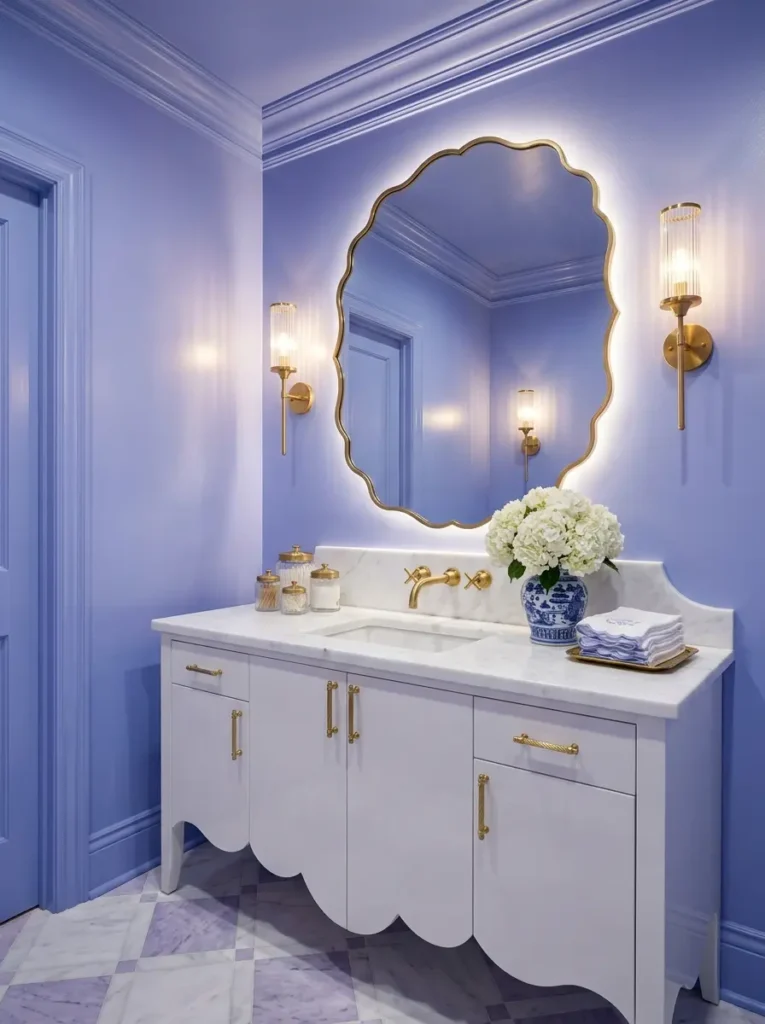 Periwinkle Blue Elegant Bathroom Periwinkle blue walls with scalloped mirror and white cabinet