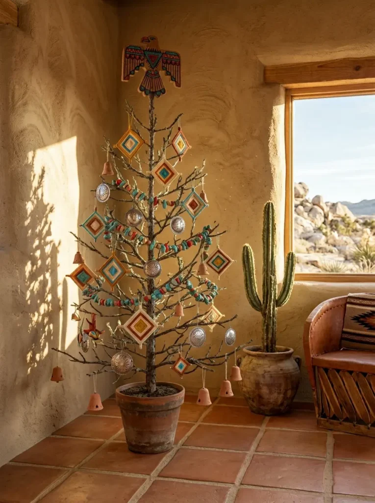 Bare twig tree adorned with colorful woven diamond shapes turquoise beads and silver medallions
