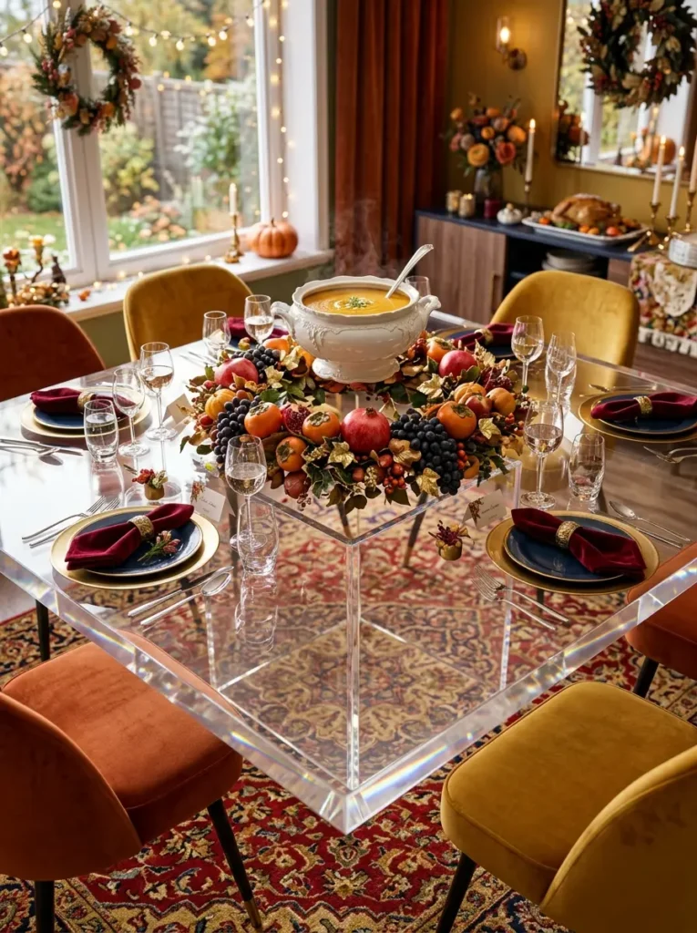 Square clear acrylic dining table surrounded by velvet chairs holding a colorful fruit centerpiece
