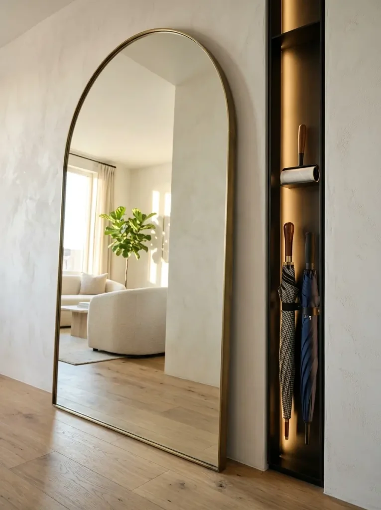 Tall arched mirror leans next to a narrow illuminated wall alcove holding two umbrellas and a lint roller.