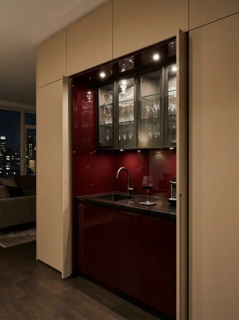 Beige pocket doors pushed back to reveal a high-gloss dark red bar area with crystal glassware and a dark stone counter.