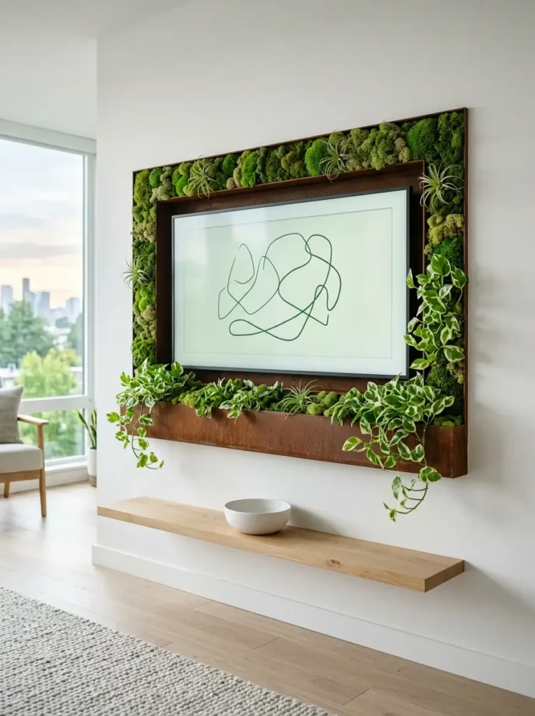Living wall frame wrap with green moss and plants surrounds a small living room tv wall monitor.