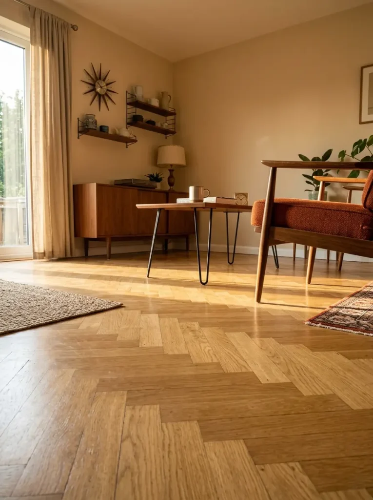 Warm sunlight streaming across bare wooden floorboards laid in a chevron pattern under midcentury furniture on thin hairpin legs.