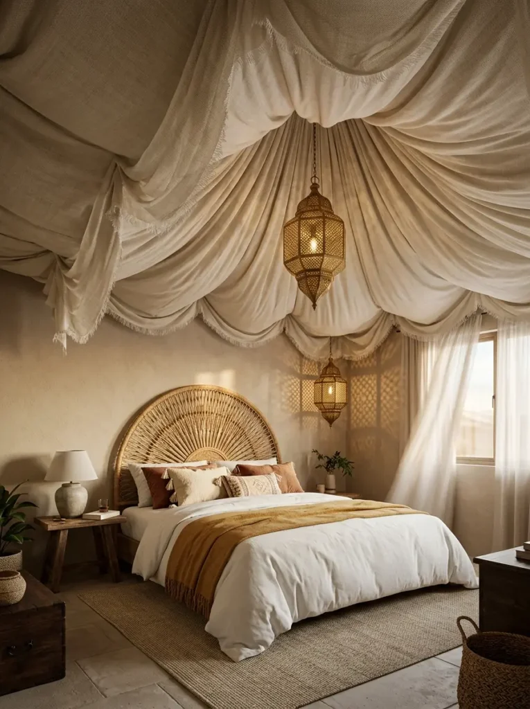 Moroccan inspired room with heavy cream fabric draped across the entire ceiling and ornate hanging brass lanterns