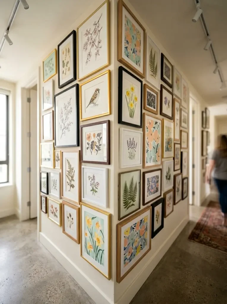 Framed floral and nature art wraps around a protruding white wall.