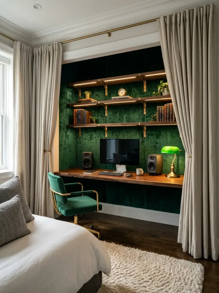 Green velvet back wall in a converted closet workspace.