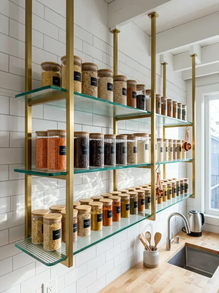 Hanging brass frame with ribbed glass shelves holding uniform dry goods jars against a tile wall.