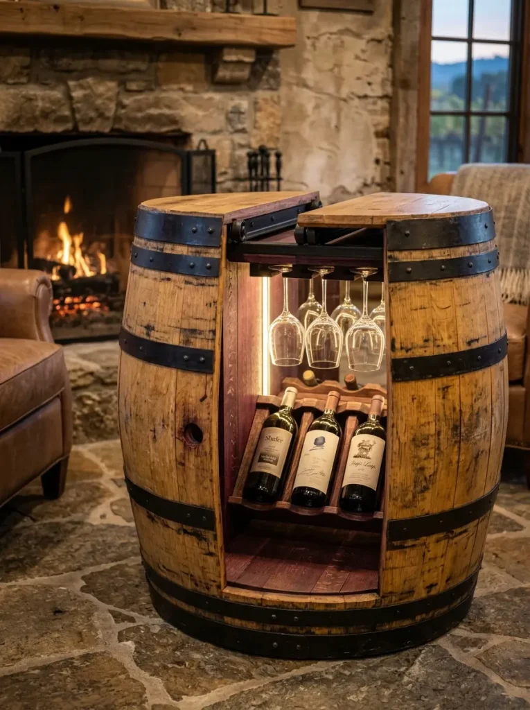 Wooden Barrel Wine Bar Wooden wine barrel opened to display hanging glassware and wine bottles on a rack.