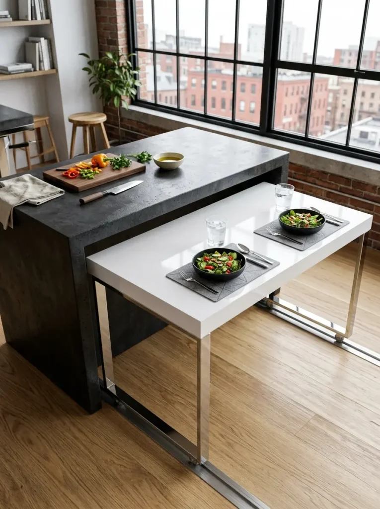Dark Stone Island Nesting White Slider White rectangular space saving dining table sliding out from underneath a dark stone kitchen island.