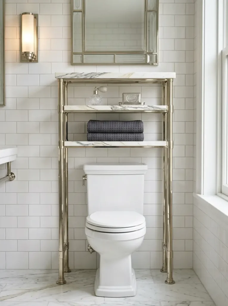 Freestanding polished nickel rack with white marble shelves over a classic toilet