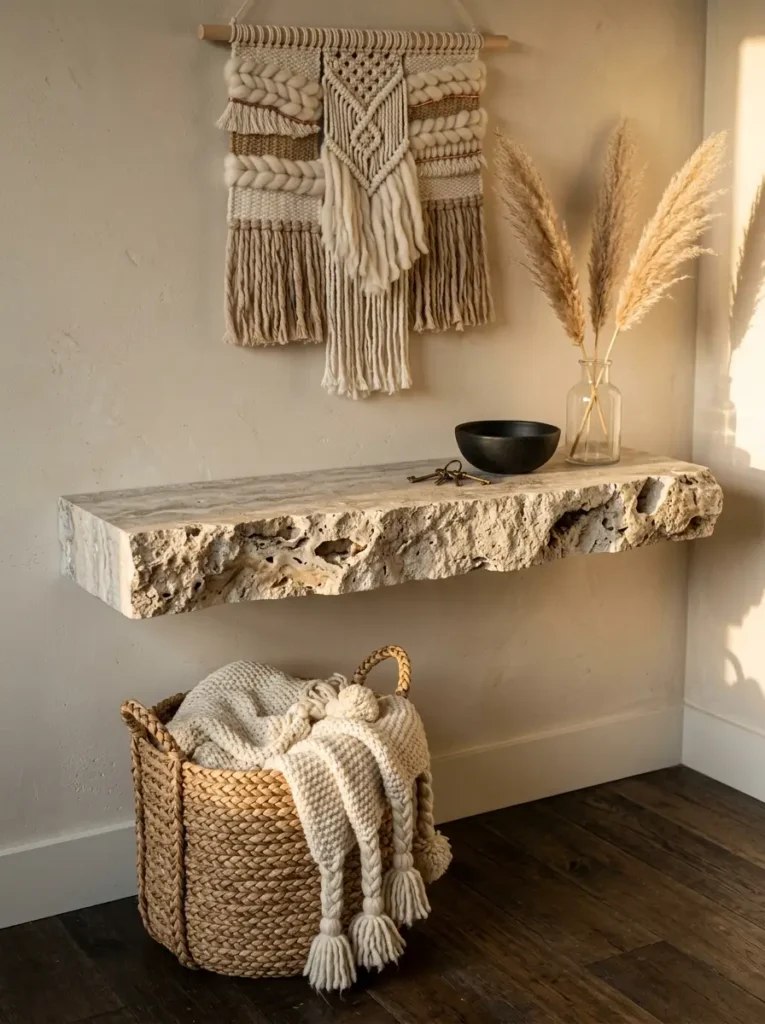 Jagged white stone slab floats off the wall displaying a dark bowl and glass vase with grass.