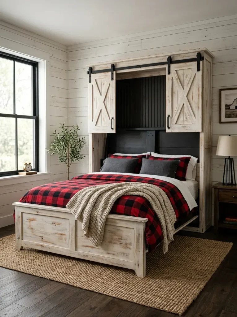 White Distressed Barn Door Bed White distressed farmhouse style cabinet with sliding barn doors concealing an affordable murphy bed.