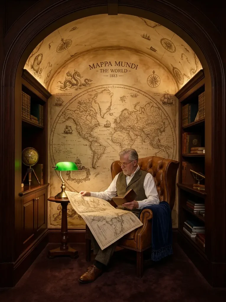 Map Room Armchair Older man reading a map in a leather chair under a painted map ceiling.