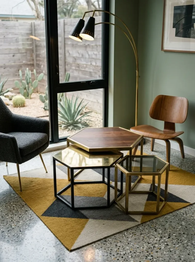 Hexagon Brass Nesting Tables Three hexagonal wood and glass tables with brass frames nesting together on a patterned rug.