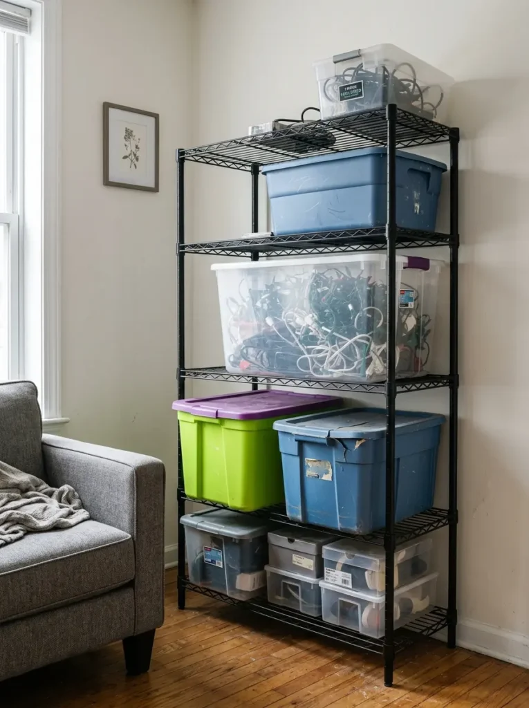 Open metal wire shelving unit stacked with bright green blue and clear plastic storage bins in a living room