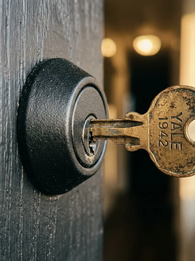 An antique brass key slides directly into a modern black deadbolt lock.