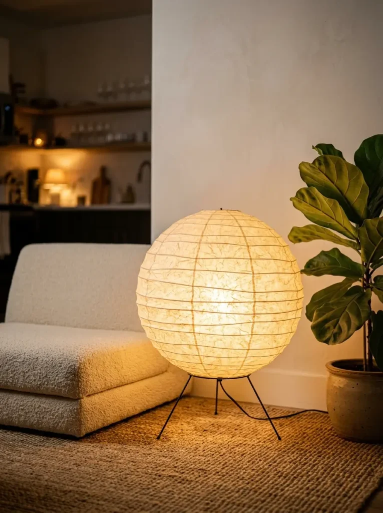 Spherical Paper Floor Lamp Large glowing round floor lamp made of crinkled white paper on short black legs