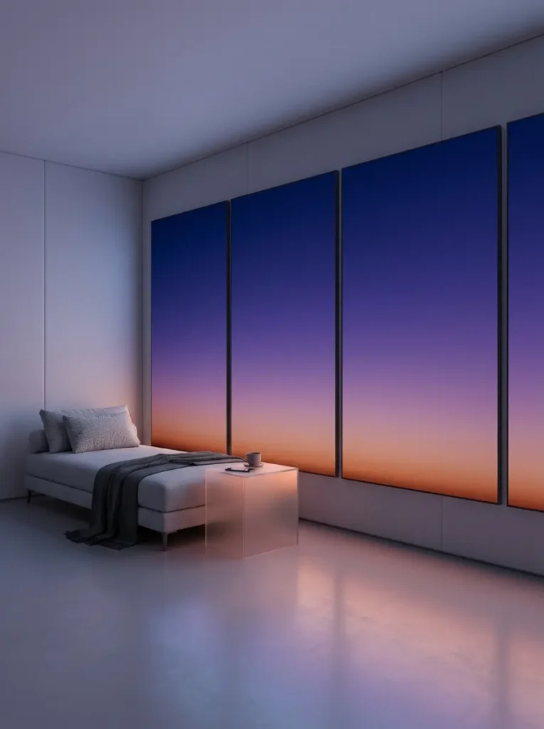 Circadian rhythm smart panels faking a sunset window in a dark apartment.