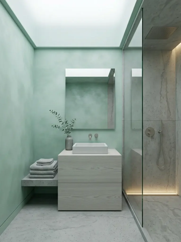 Seafoam Green Spa Bathroom Muted seafoam green walls with grey concrete shower