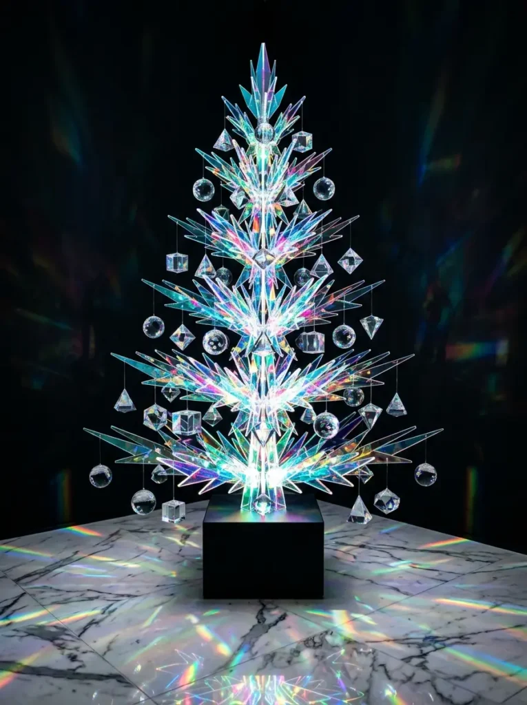 Geometric tree made of sharp translucent shards and clear glass shapes reflecting rainbow colors
