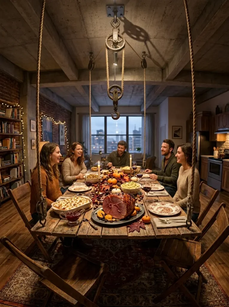Large rustic wooden dining table suspended from a concrete ceiling by thick ropes and pulleys