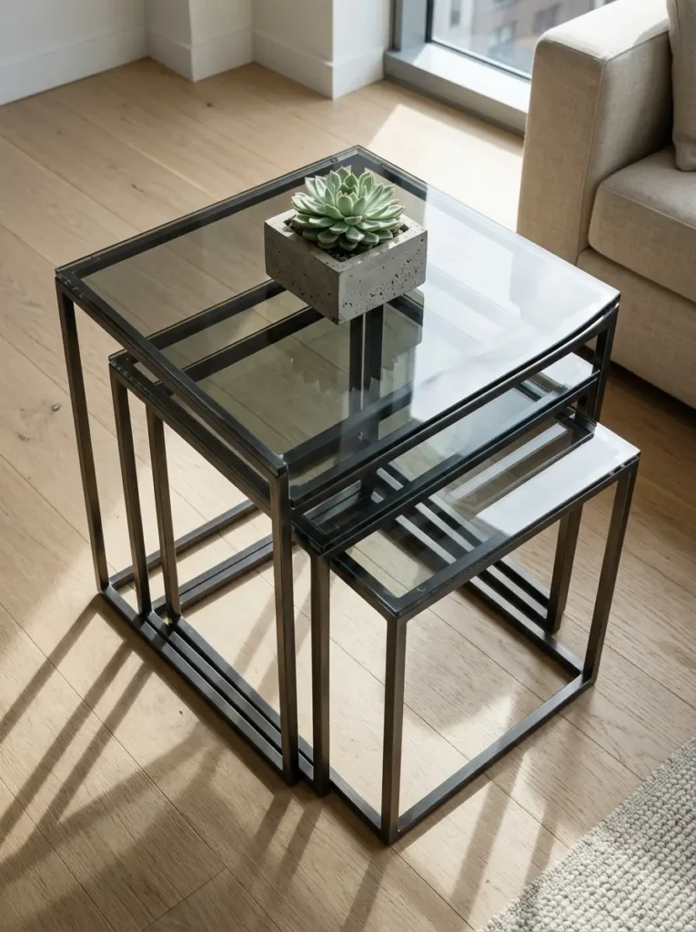 Three square metal frames with transparent glass tops slide compactly underneath each other on a wooden floor.
