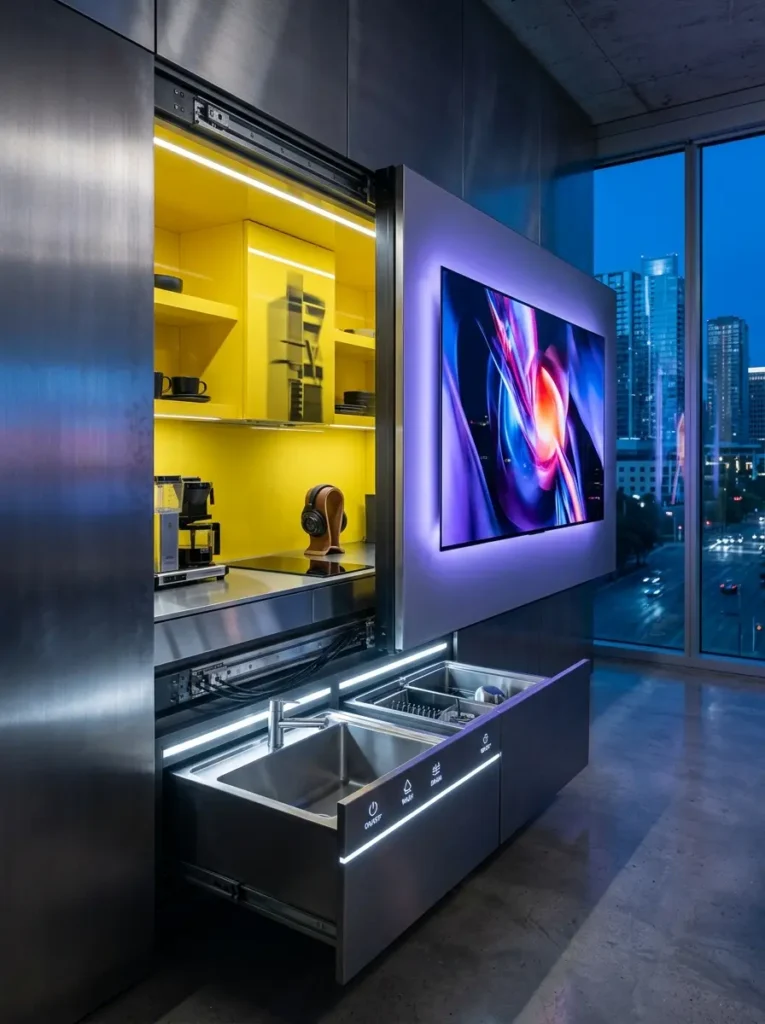 A large flatscreen TV mounted on a metal wall panel slid to the right to reveal a bright yellow hidden kitchen and pull-out sink drawers.