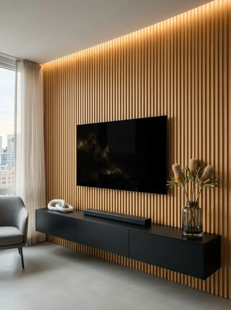 Vertical wood slat feature wall with hidden lighting highlights a small living room tv wall.