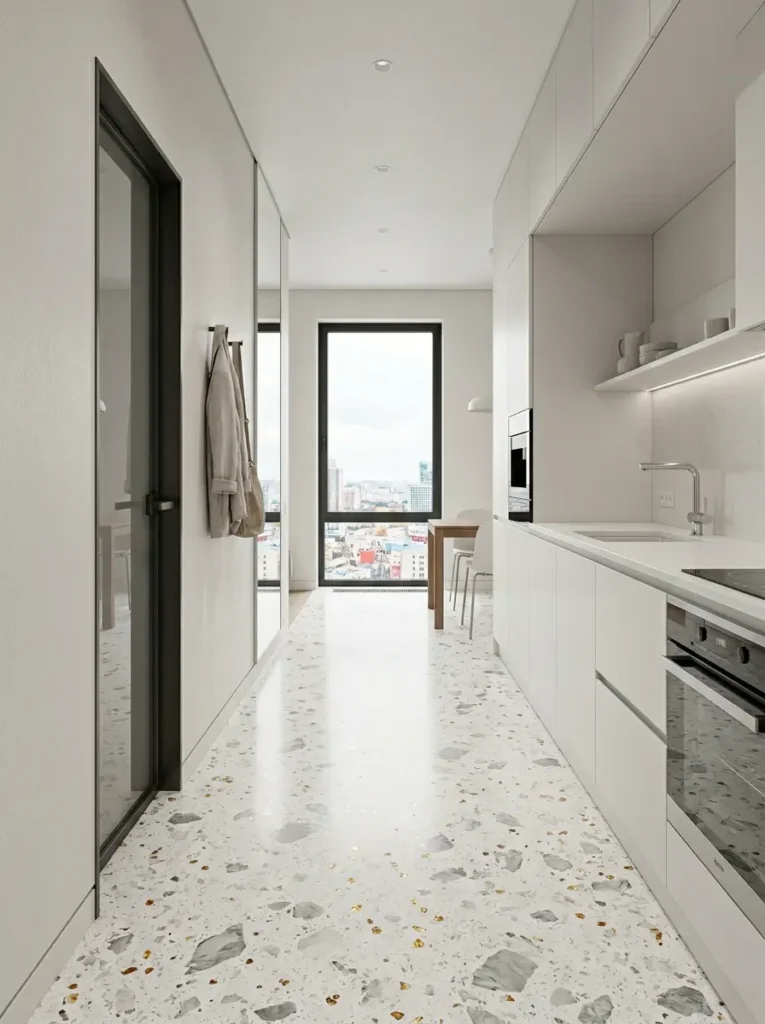 Seamless white terrazzo flooring with gray and gold flecks stretching endlessly down a narrow modern kitchen with white cabinets.