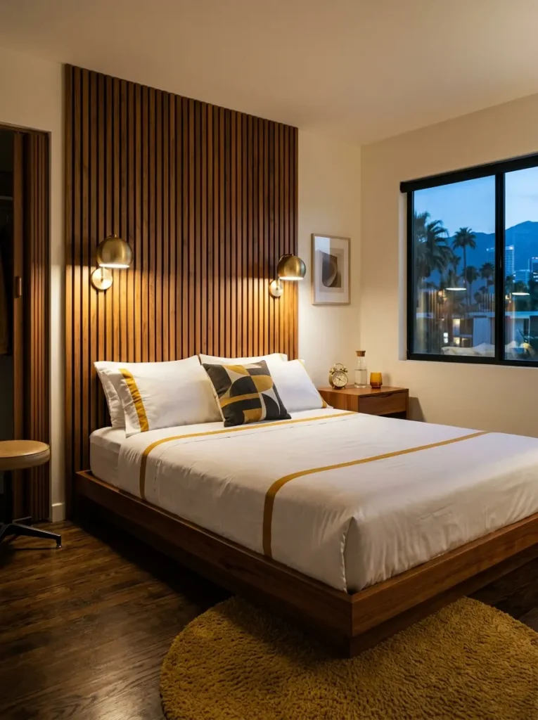 Mid century modern decor featuring a vertical wooden slat wall behind a bed with crisp white and mustard yellow striped sheets