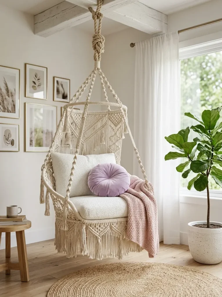 Macrame swing chairs hang next to a potted fiddle leaf fig.