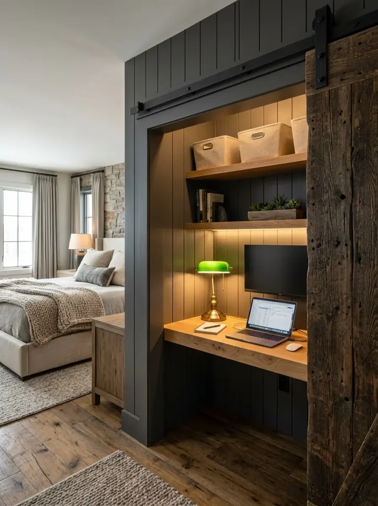 Reclaimed wood barn doors hiding a desk inside a wall.