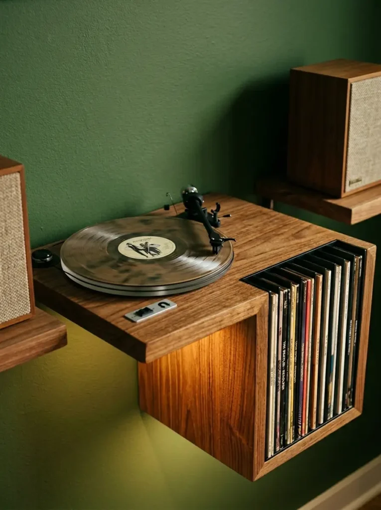 Floating walnut wood shelf holding a vintage record player with vertical vinyl storage underneath.