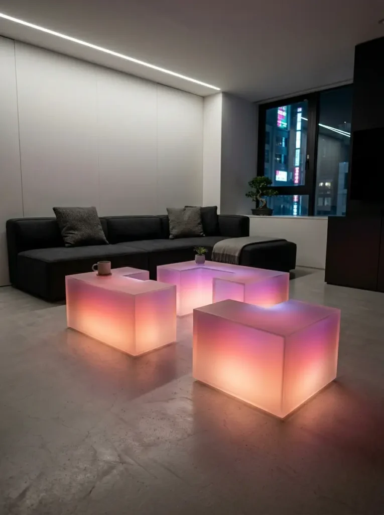 Glowing Frosted Cube Tables Three translucent frosted cubes emitting pink and orange light in a dark room.