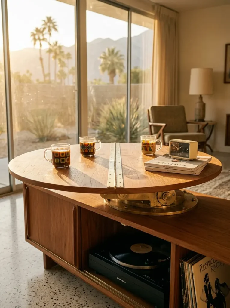 Midcentury Rotating Brass Hinge Circular Board Circular midcentury modern space saving dining table with a brass center hinge rotating above a cabinet