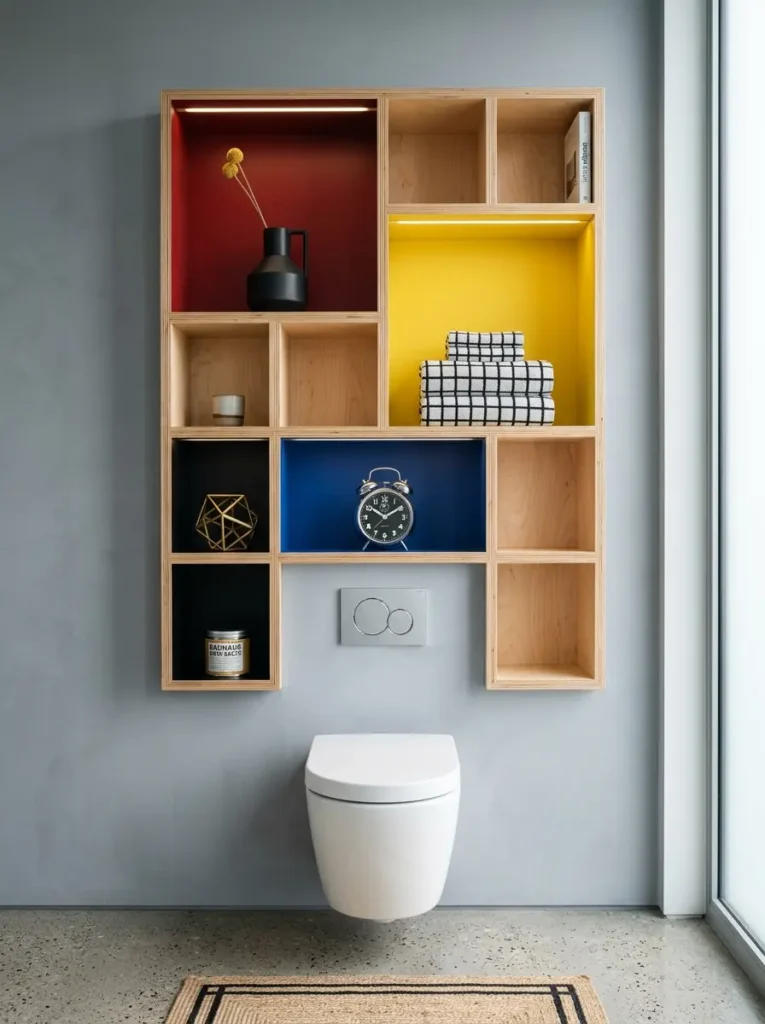 Raw plywood grid cabinet with red yellow and blue painted interior sections