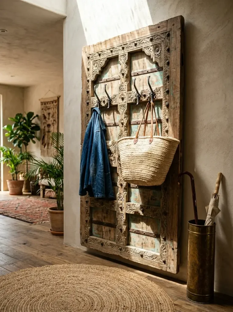 Weathered carved wooden door leans against a plaster wall holding a denim jacket and woven bag.
