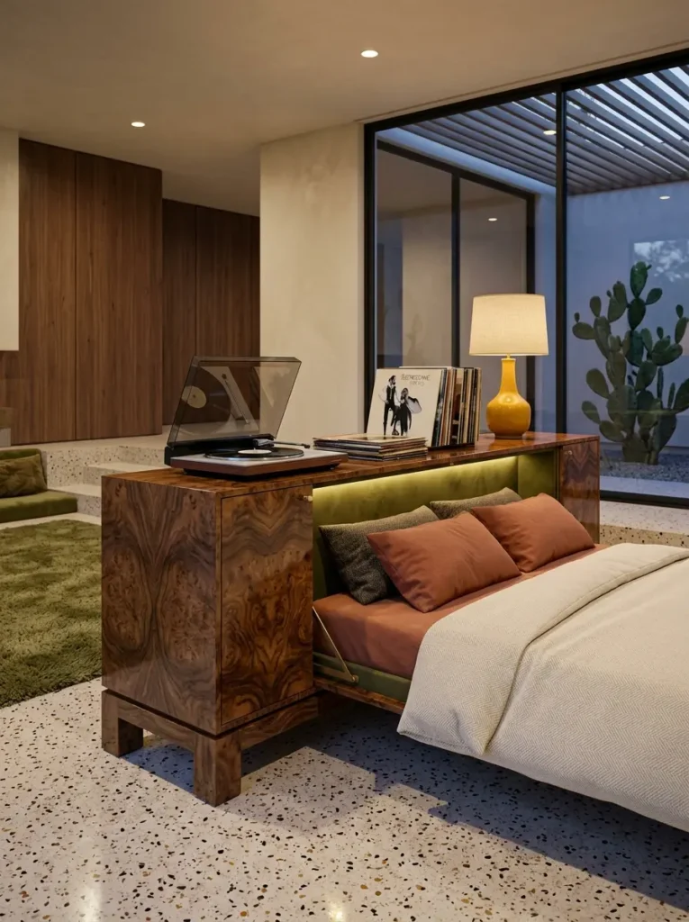 Burl Wood Media Console Low profile highly figured burl wood media console with a record player opened to reveal an affordable murphy bed.