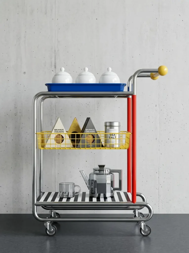 Chrome frame cart with red, yellow, and blue primary color accents