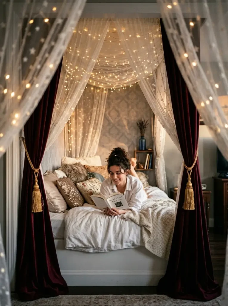 Canopy Bed Reading Spot Woman reading a book on a bed surrounded by sheer curtains and fairy lights.