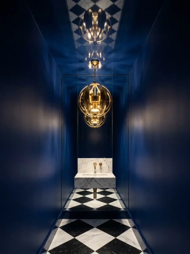 High Gloss Navy Ceiling High gloss navy blue ceiling reflecting a gold chandelier above a checkerboard floor bathroom.