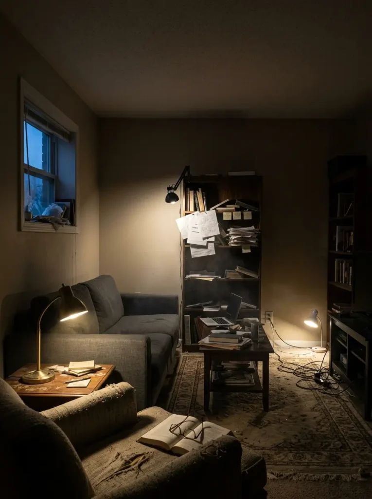 Tall dark wooden bookcase overflowing with loose documents books and trash next to a sofa under a harsh lamp