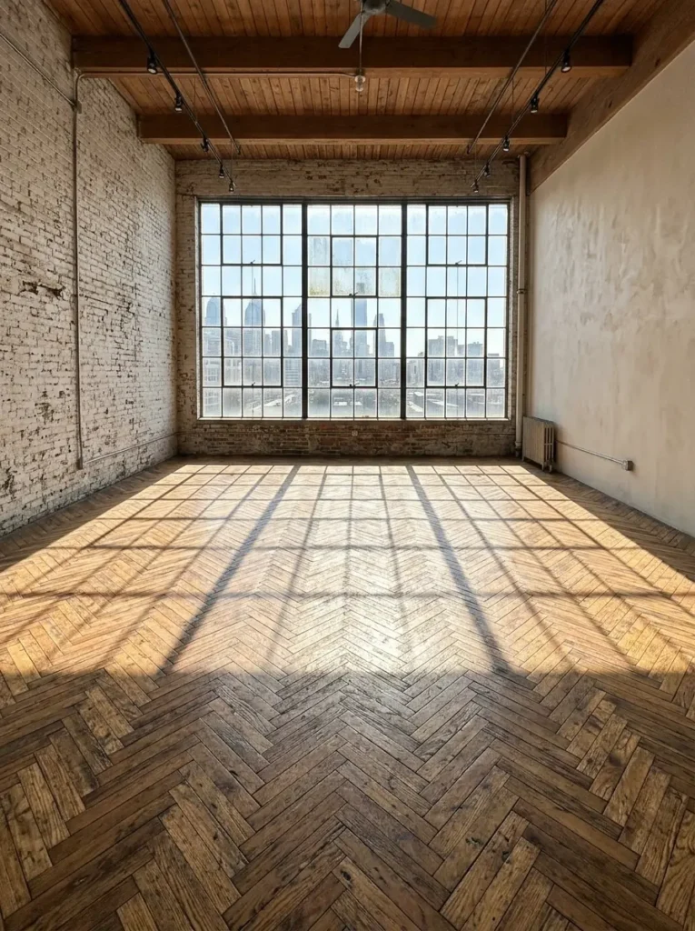 Bright sunlight streams through massive industrial windows inside an empty wooden floor loft.