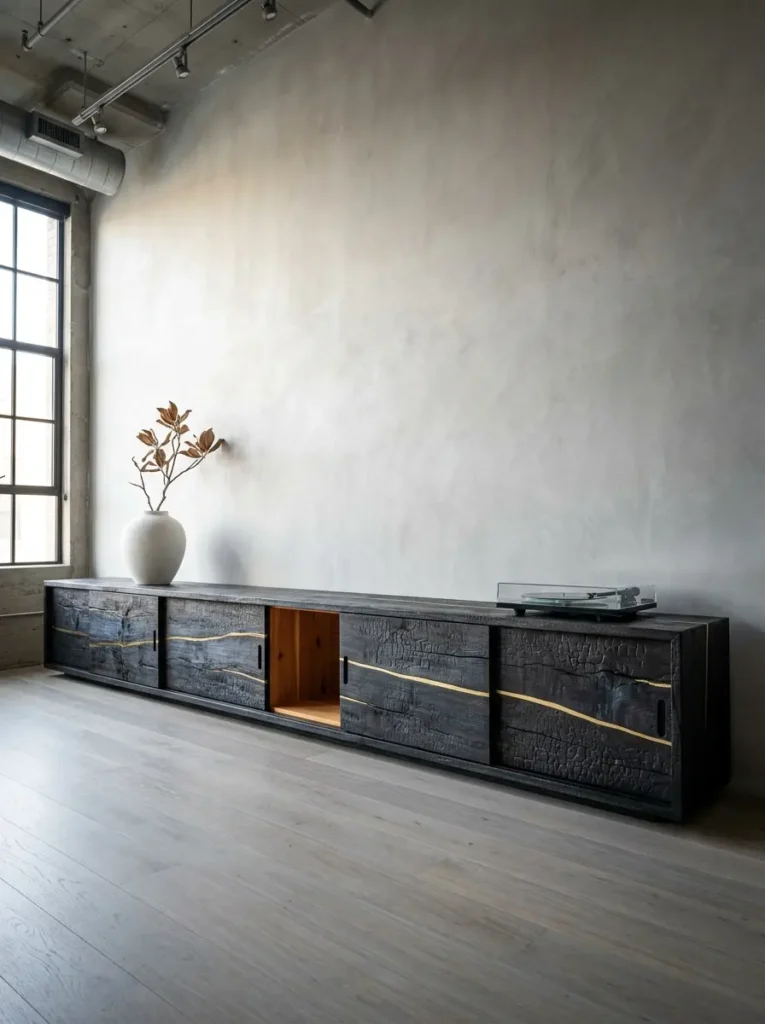 Charred Wood Media Console Very long black charred wood media console with sliding doors and golden inlay details