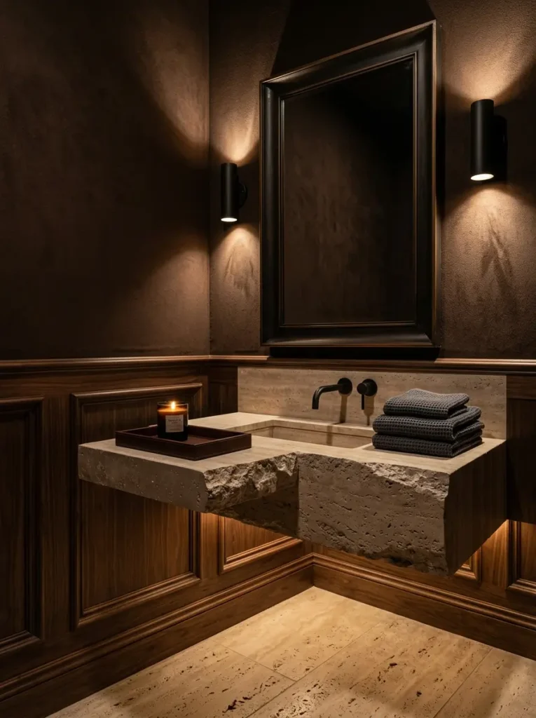 Mocha Brown Moody Bathroom Dark mocha brown walls with walnut panels and stone sink