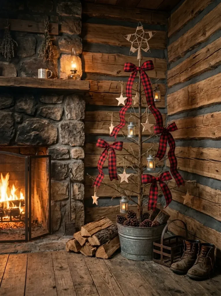 Sparse tree with red and black checkered bows wooden stars and tiny lanterns next to a stone fireplace